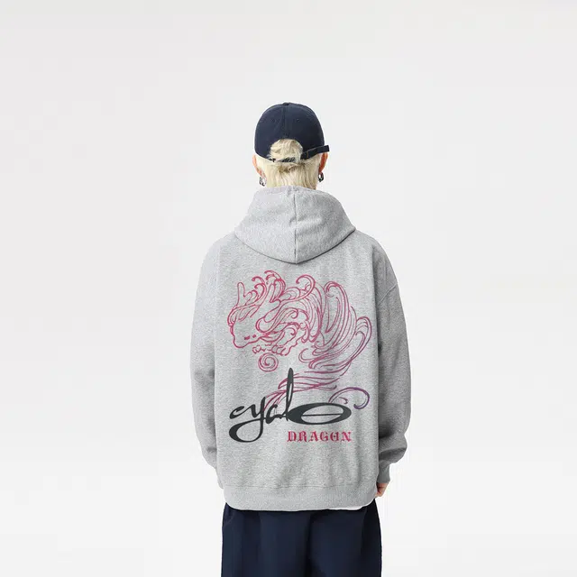 雅鹿 卡通龙字母印花宽松休闲连帽卫衣 男女同款