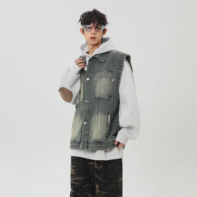 美式复古高街痞帅翻领无袖百搭休闲通勤款牛仔外套 男女同款