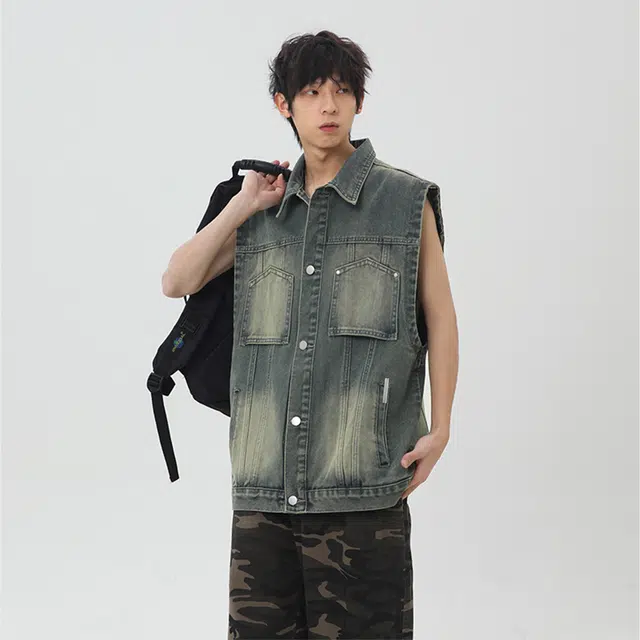 美式复古高街痞帅翻领无袖百搭休闲通勤款牛仔外套 男女同款