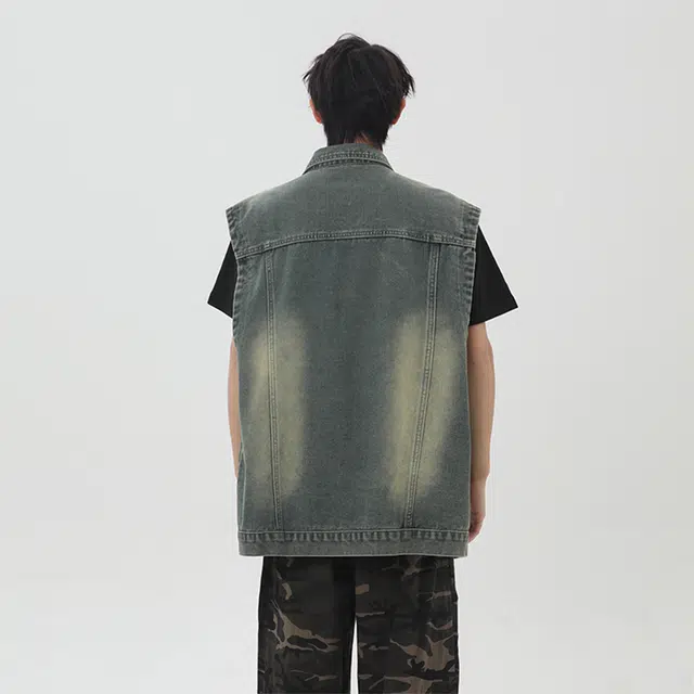 美式复古高街痞帅翻领无袖百搭休闲通勤款牛仔外套 男女同款