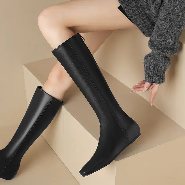 超纤皮 时尚内增高通勤百搭方头后拉链 高筒靴 女款
