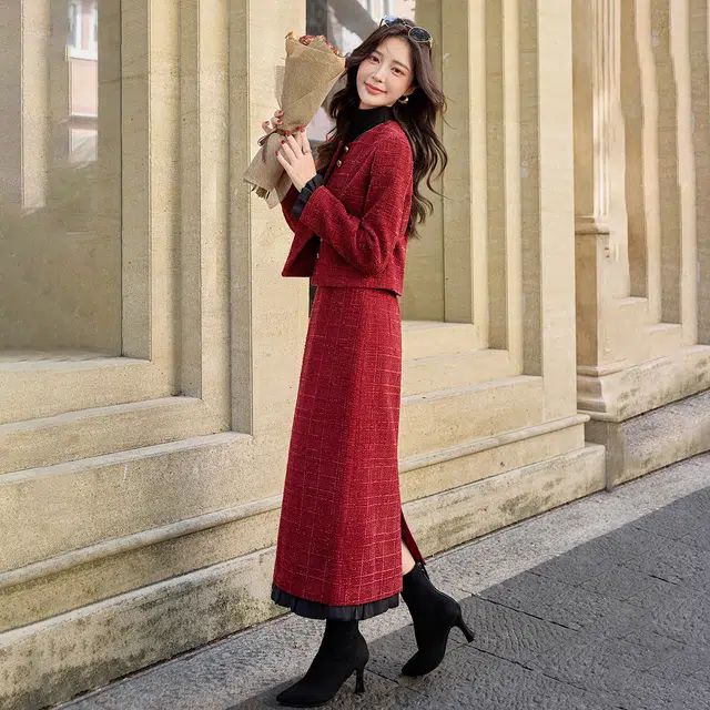 袋鼠 小香风高级感气质名媛呢子外套半身裙两件套裙装套装 女款