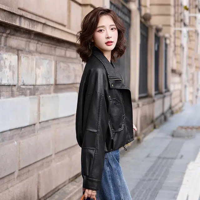 袋鼠 美式复古时尚休闲气质立领明线设计皮衣外套 女款