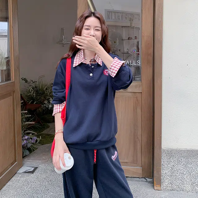 袋鼠 韩系格纹美式复古学院风拼接卫衣宽松显瘦阔腿裤两件套休闲套装 女款