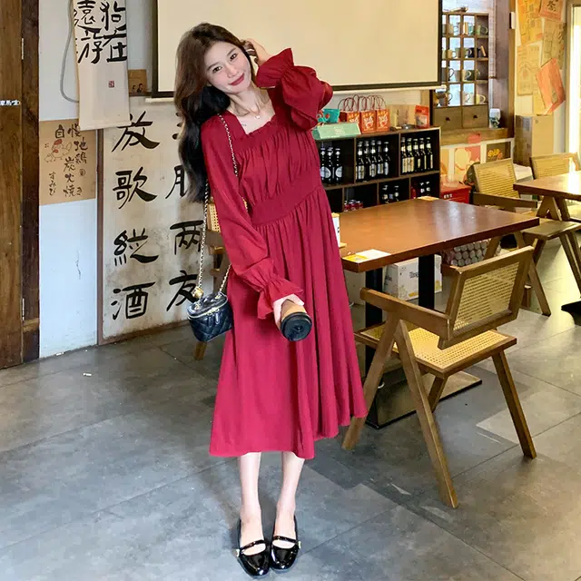 袋鼠 礼服法式复古气质温柔浪漫显瘦超仙长裙长袖连衣裙 女款