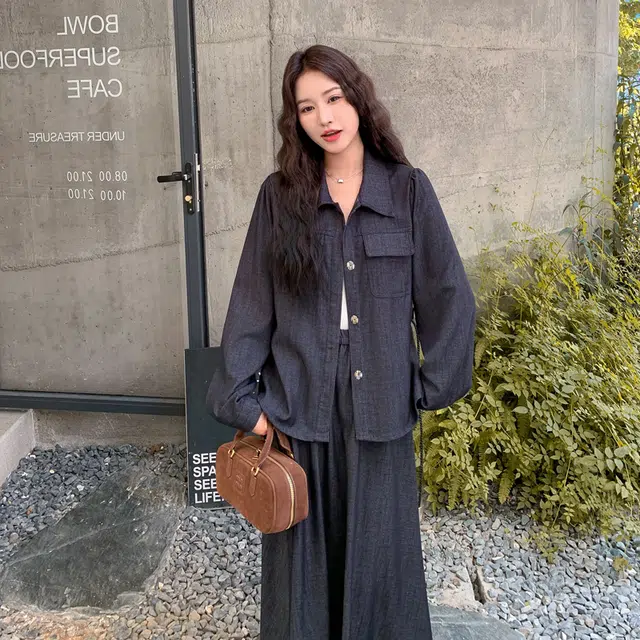 袋鼠 复古轻熟风收腰显瘦衬衫牛仔半身裙两件套裙装套装 女款