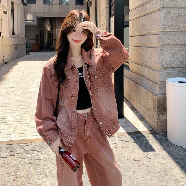 袋鼠 美式复古设计感牛仔高级感外套阔腿裤两件套休闲套装 女款