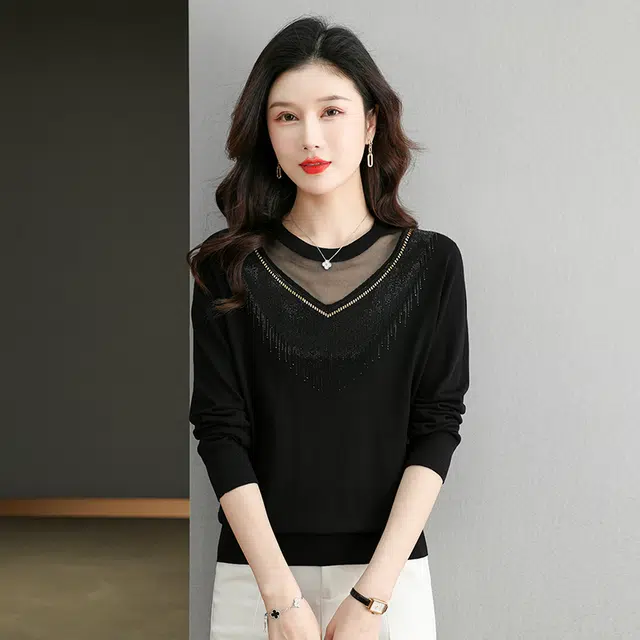 袋鼠 时尚洋气修身显瘦蕾丝拼接圆纯色套头打底针织衫 女款