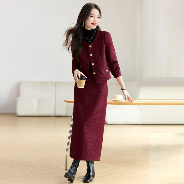 袋鼠 小香风名媛气质两件套高级感半身裙裙装套装 女款