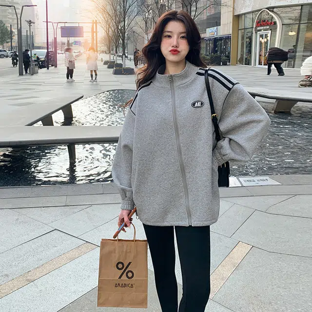 袋鼠 美式运动休闲宽松立领拉链卫衣开衫棒球服 女款