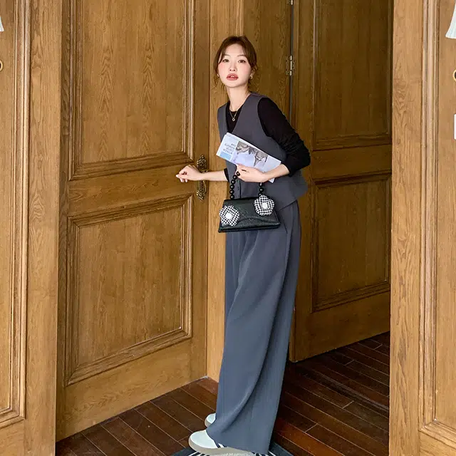 袋鼠 御姐蕾丝飘带西装马甲阔腿裤打底衫三件套休闲套装 女款