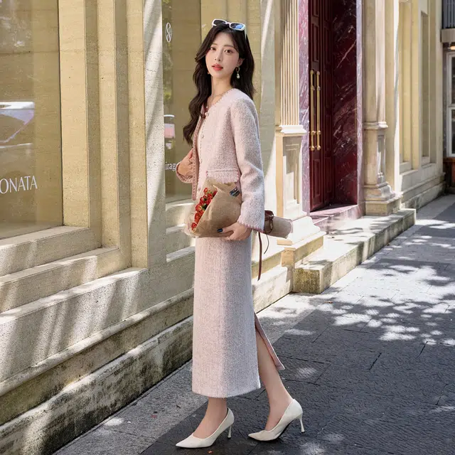 袋鼠 时尚气质休闲高级感显瘦减龄韩版小香名媛风羊毛外套半身裙两件套裙装套装 女款