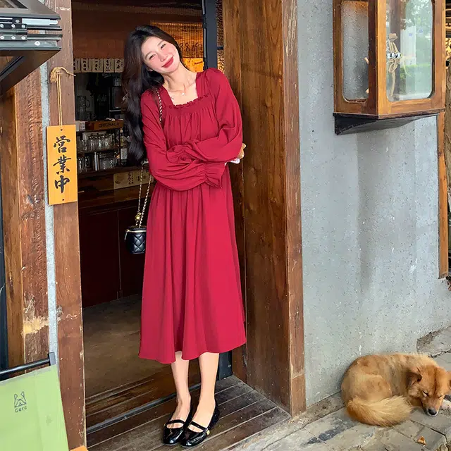 袋鼠 礼服法式复古气质温柔浪漫显瘦超仙长裙长袖连衣裙 女款