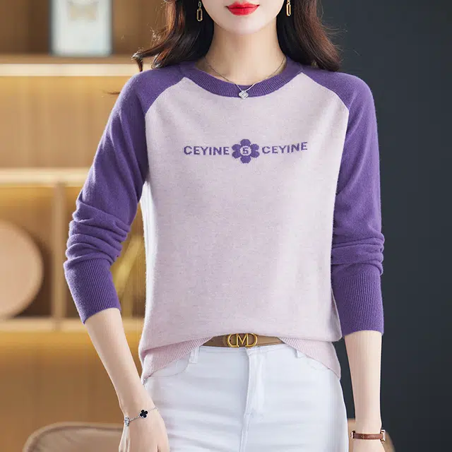 袋鼠 亲肤柔软简约时尚圆领撞色长袖打底羊毛针织衫 女款