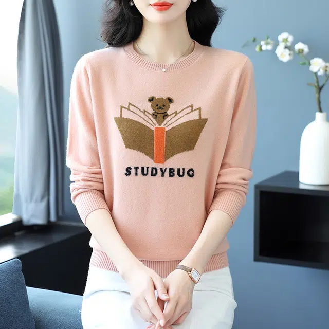 袋鼠 舒适柔软百搭减龄卡通印花圆领长袖羊毛针织衫 女款