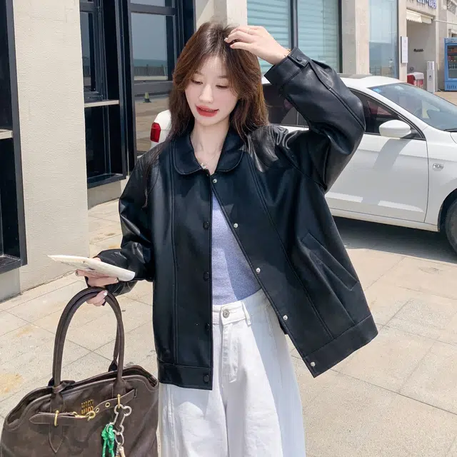 袋鼠 美式复古休闲时尚翻领机车范夹克皮衣外套 女款