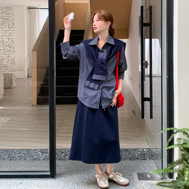 袋鼠 减龄条纹衬衫半身裙女春秋松弛感清纯系三件套俏皮活泼巨好看裙装套装 女款