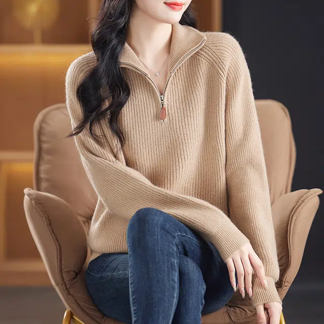 袋鼠 宽松简约减龄翻领质感纹路纯色套头针织衫 女款