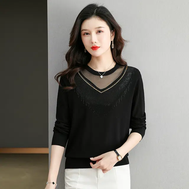 袋鼠 时尚洋气修身显瘦蕾丝拼接圆纯色套头打底针织衫 女款