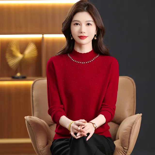 袋鼠 高领绣花精致简约宽松百搭显瘦纯色羊毛打底针织衫 女款