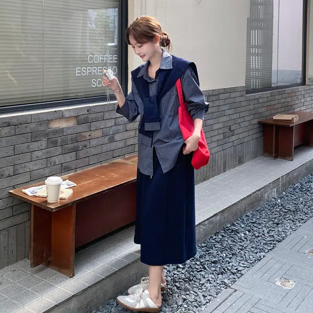袋鼠 减龄条纹衬衫半身裙女春秋松弛感清纯系三件套俏皮活泼巨好看裙装套装 女款
