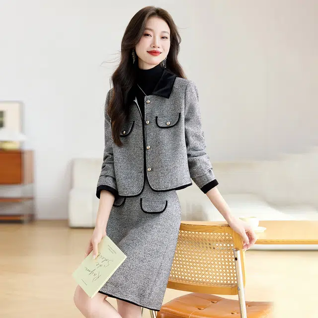袋鼠 小香风两件套时尚气质名媛高级感外套半身裙裙装套装 女款