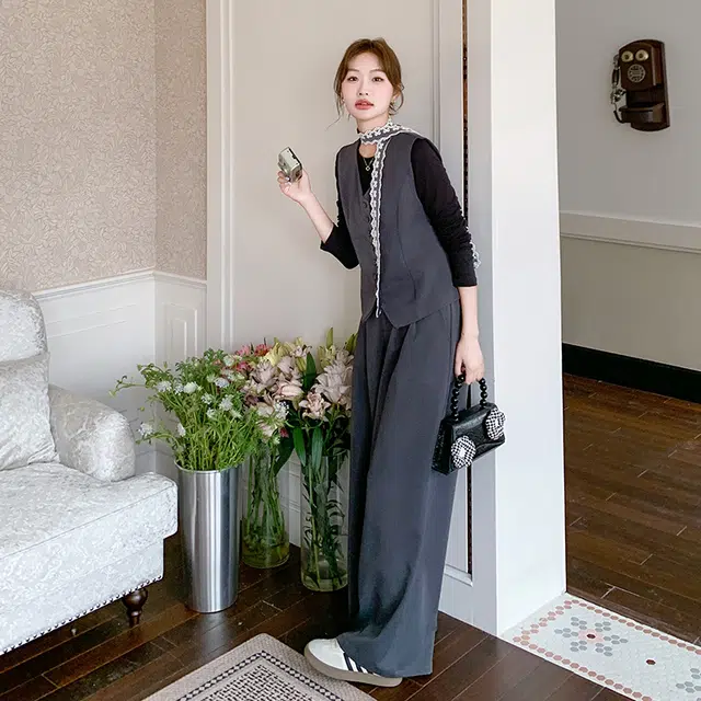 袋鼠 御姐蕾丝飘带西装马甲阔腿裤打底衫三件套休闲套装 女款