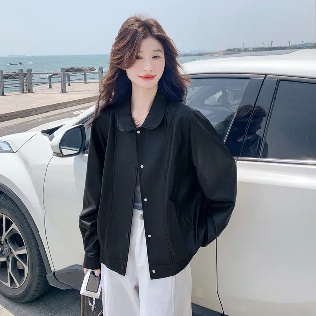 袋鼠 美式复古休闲时尚翻领机车范夹克皮衣外套 女款