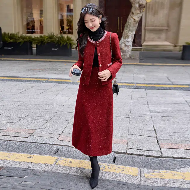 袋鼠 法式小香风轻奢高级感气质名媛上衣半身裙两件套结婚订婚小礼服裙装套装 女款