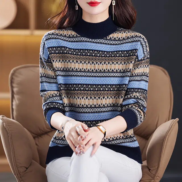 袋鼠 舒适柔软复古条纹印花百搭减龄半高领羊毛针织衫 女款