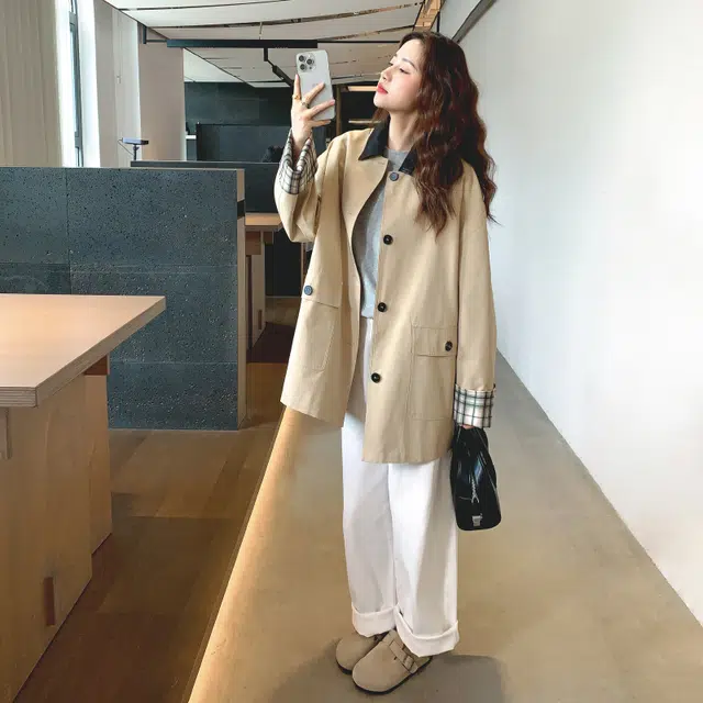 袋鼠 格子拼接中长款外套女秋季宽松百搭上衣风衣 女款