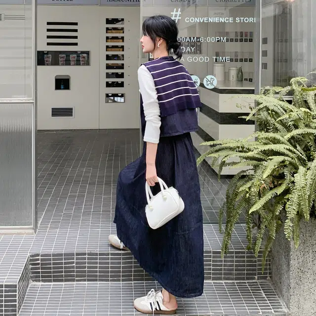 袋鼠 条纹披肩牛仔马甲半身裙三件套裙装套装 女款