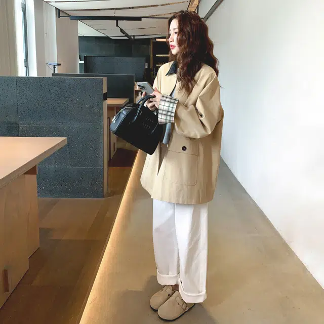 袋鼠 格子拼接中长款外套女秋季宽松百搭上衣风衣 女款
