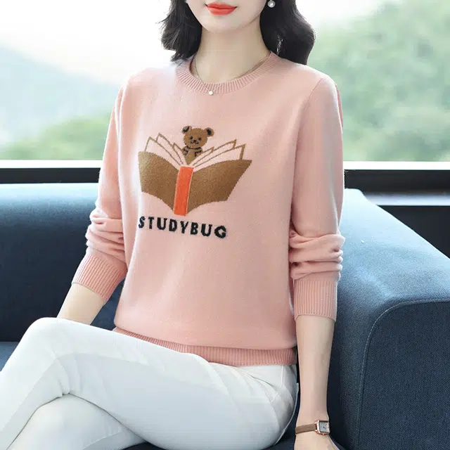 袋鼠 舒适柔软百搭减龄卡通印花圆领长袖羊毛针织衫 女款