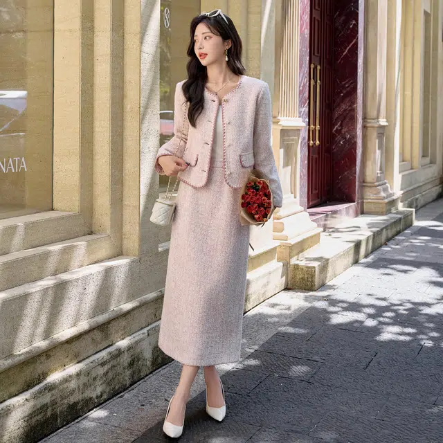 袋鼠 时尚气质休闲高级感显瘦减龄韩版小香名媛风羊毛外套半身裙两件套裙装套装 女款