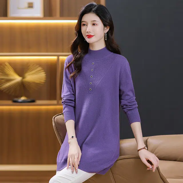 袋鼠 时尚简约经典百搭宽松半高领纯色套头亲肤打底针织衫 女款