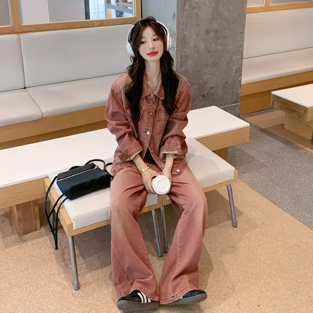 袋鼠 美式复古设计感牛仔高级感外套阔腿裤两件套休闲套装 女款
