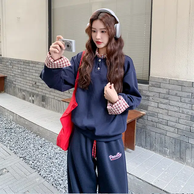袋鼠 韩系格纹美式复古学院风拼接卫衣宽松显瘦阔腿裤两件套休闲套装 女款