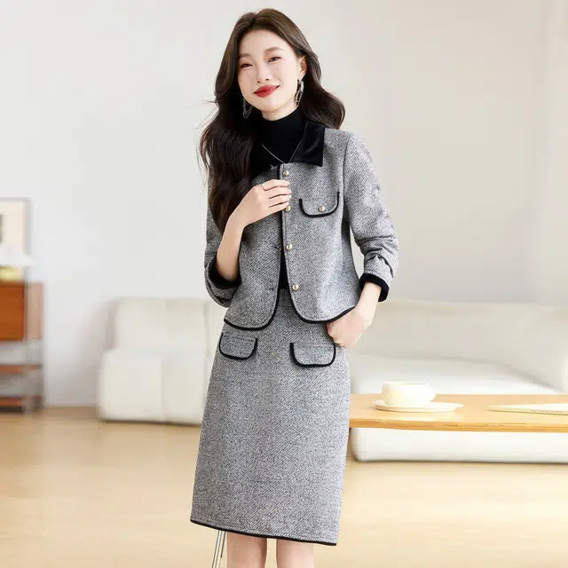 袋鼠 小香风两件套时尚气质名媛高级感外套半身裙裙装套装 女款