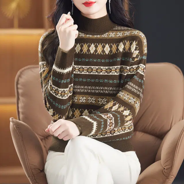 袋鼠 舒适简约休闲半高领复古印花套头羊毛针织衫 女款