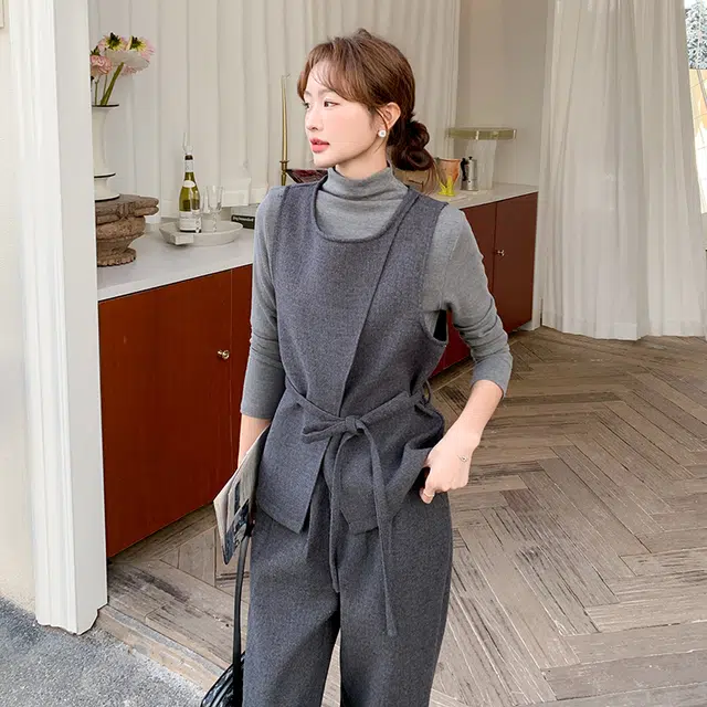 袋鼠 高级感毛呢马甲阔腿裤三件套休闲套装 女款