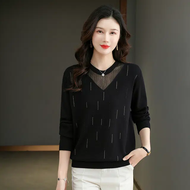 袋鼠 优雅气质时尚宽松百搭减龄纯色圆领蕾丝拼接套头针织衫 女款