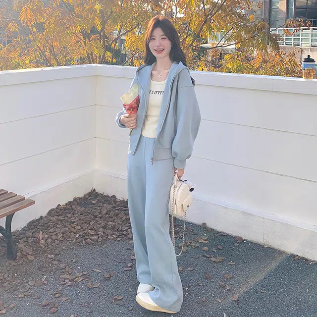 袋鼠 连帽上衣阔腿裤两件套穿搭休闲运动风卫衣套装 女款