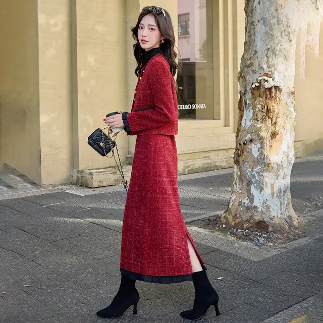 袋鼠 小香风高级感气质名媛呢子外套半身裙两件套裙装套装 女款