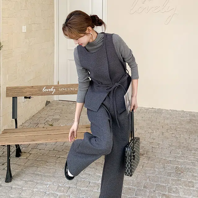 袋鼠 高级感毛呢马甲阔腿裤三件套休闲套装 女款