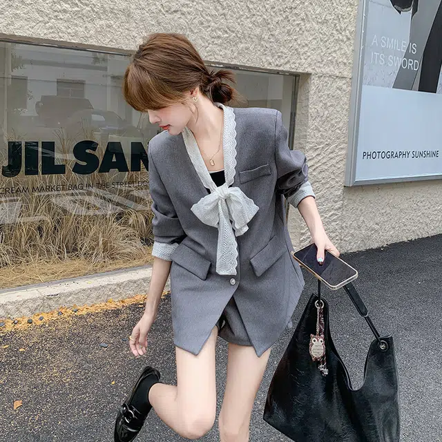 袋鼠 蕾丝系带上衣时尚韩系通勤职业短裤两件套西装套装 女款