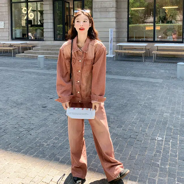 袋鼠 美式复古设计感牛仔高级感外套阔腿裤两件套休闲套装 女款