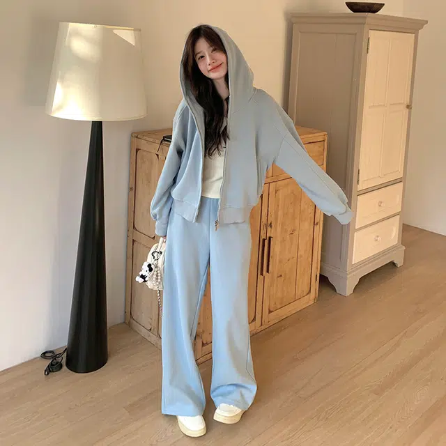 袋鼠 连帽上衣阔腿裤两件套穿搭休闲运动风卫衣套装 女款