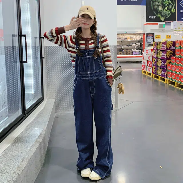 袋鼠 多巴胺条纹打底衫背带裤韩系减龄两件套时尚穿搭休闲套装 女款