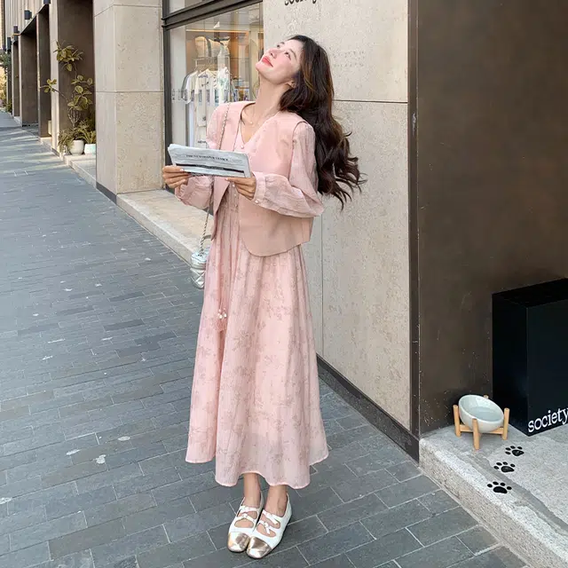 袋鼠 甜美流苏马甲温柔穿搭印花长裙显瘦气质两件套裙装套装 女款
